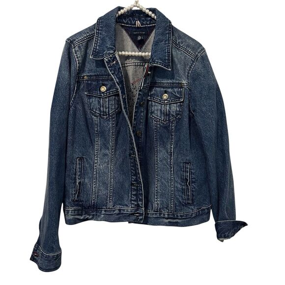 TOMMY HILFIGER Blue Denim Jean Jacket Women's XL Festival Country Cowgirl Boho - Picture 1 of 10